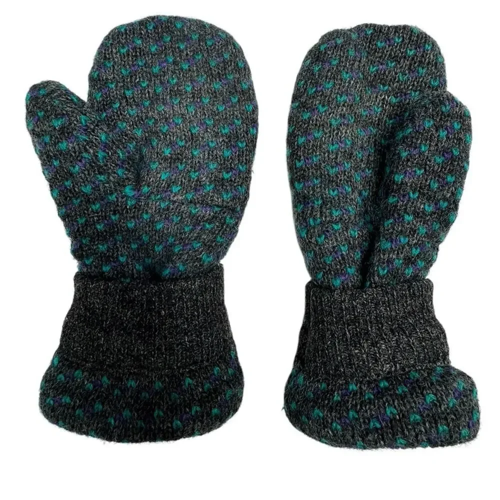 Fleece lined wool mittens, gray/ aquamarine blue combination winter mittens M/L